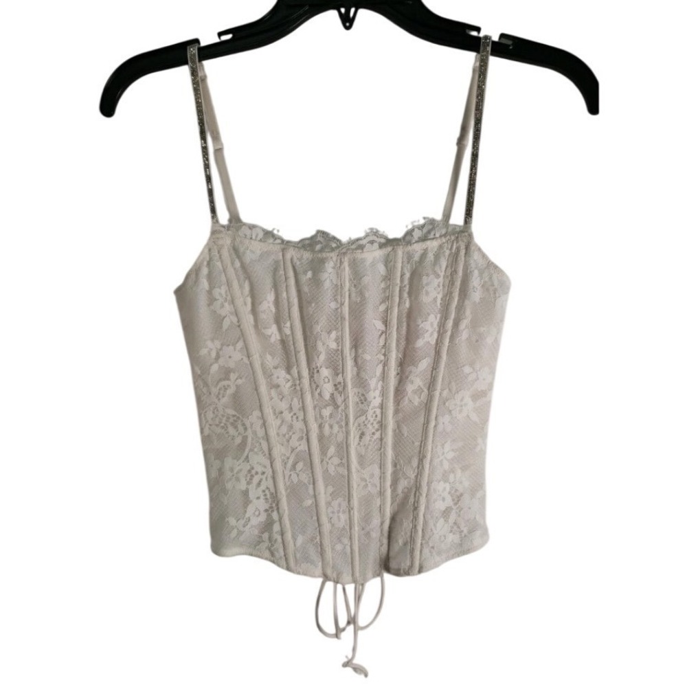Victoria's Secret Lace Corset‎ Top XS Cream Rhinestone Strap Lace Up Bustier NEW